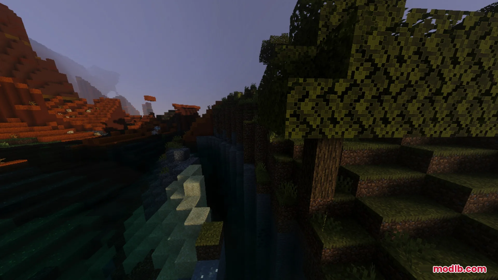 Sildaum Vibrant Shaders Screenshot 9 A scenic river valley between a dark forest and red mesa mountains