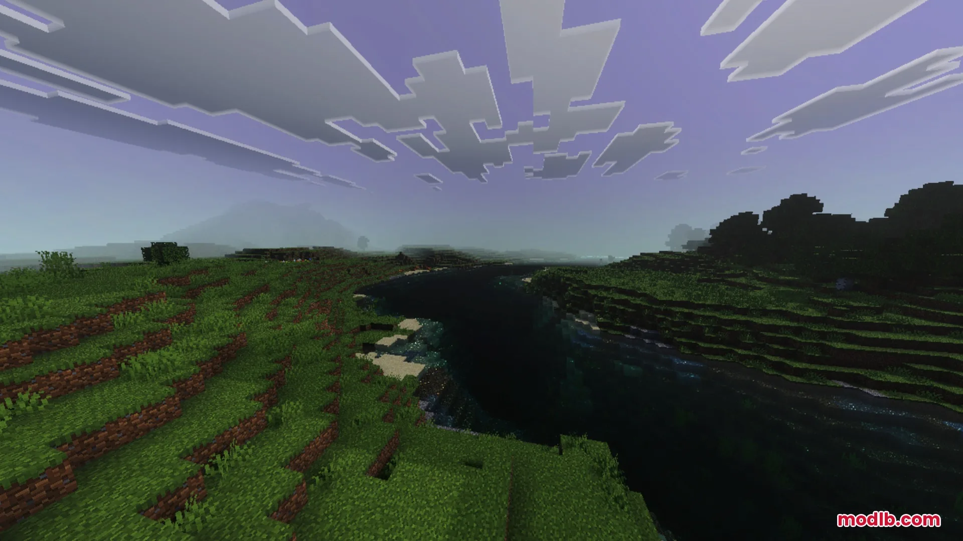 Sildaum Vibrant Shaders Screenshot 5 A scenic river flows through a green landscape under a purple sky