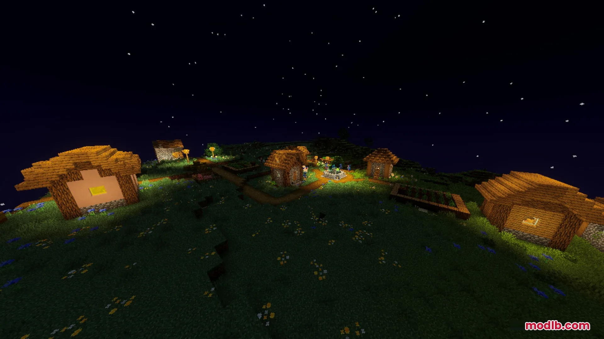Sildaum Vibrant Shaders Screenshot 4 Cozy village houses illuminated by warm lanterns under a clear starry night sky