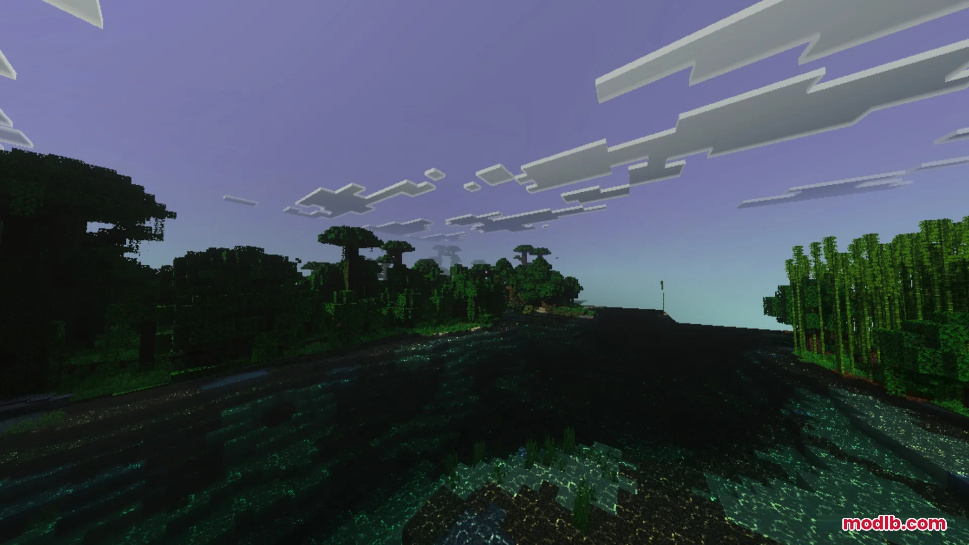 Sildaum Vibrant Shaders Screenshot 1 Lush jungle trees reflecting on dark water under a dim purple evening sky