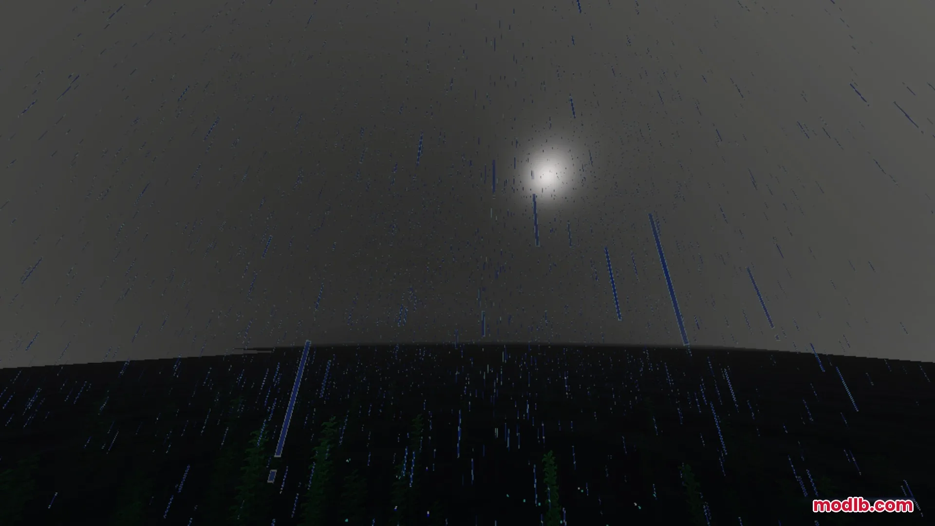 Sildaum Vibrant Shaders Screenshot 10 Rain falling from a dark overcast sky with a dim moon shining through