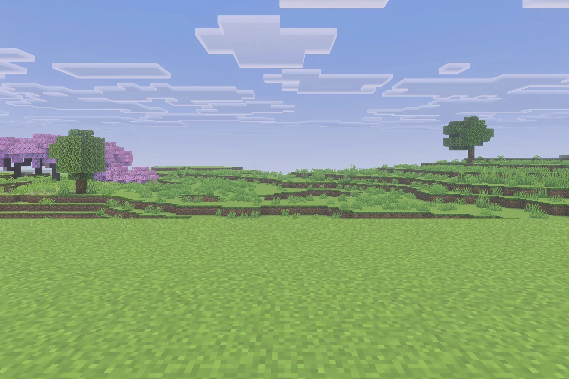 Simple Backpack Achievement Friendly No Lag Addon Screenshot 5 A peaceful Minecraft landscape featuring green grass and a pink cherry tree