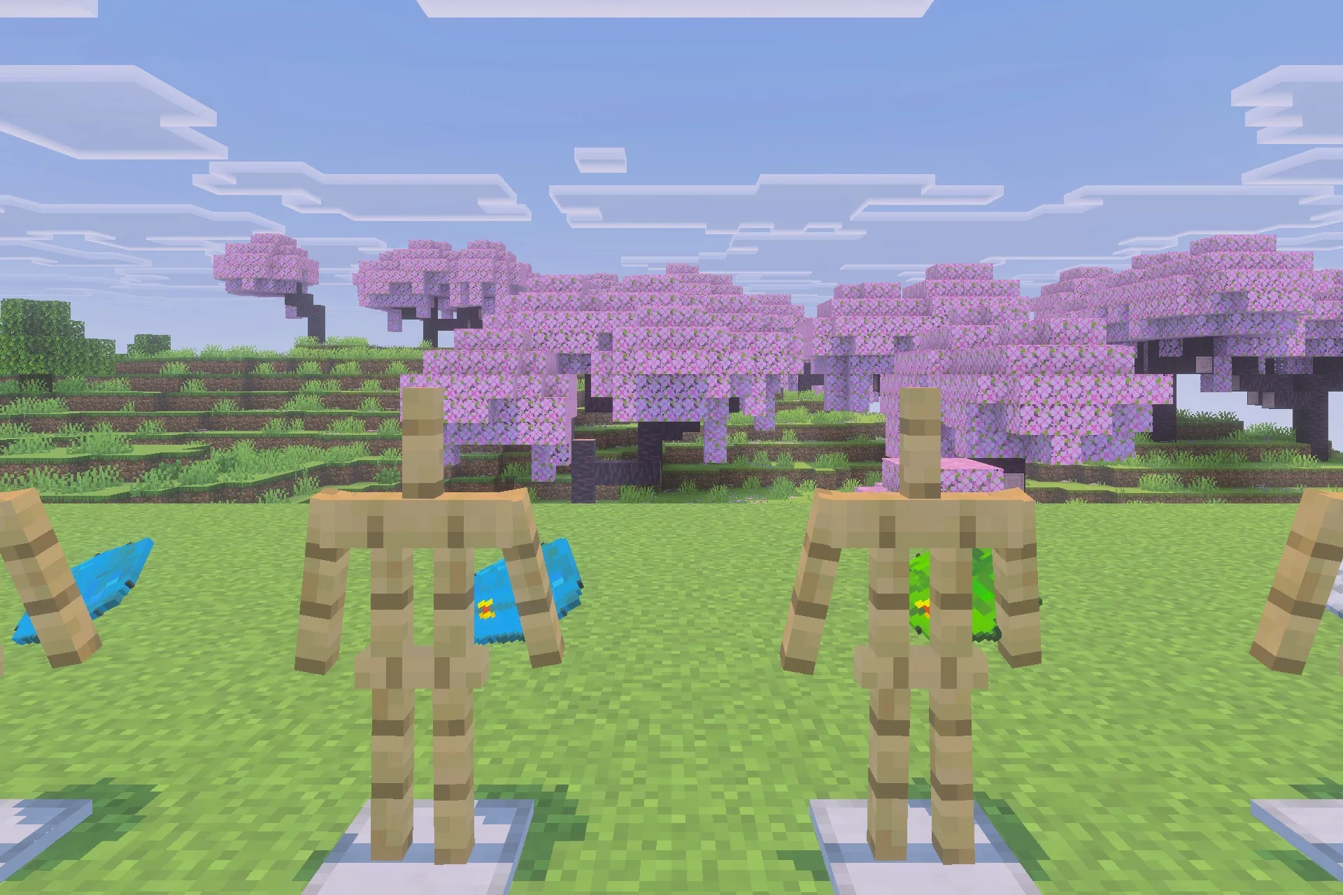 Simple Backpack Achievement Friendly No Lag Addon Screenshot 1 Armor stands wearing different colored backpacks in a pink cherry blossom forest