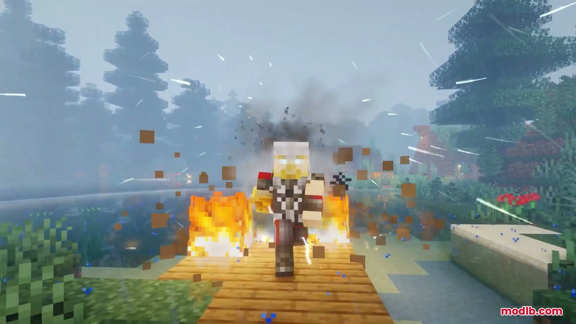 Skybolt Resonance Mod Screenshot 10 Minecraft character with glowing eyes walks through fire and smoke after a strike