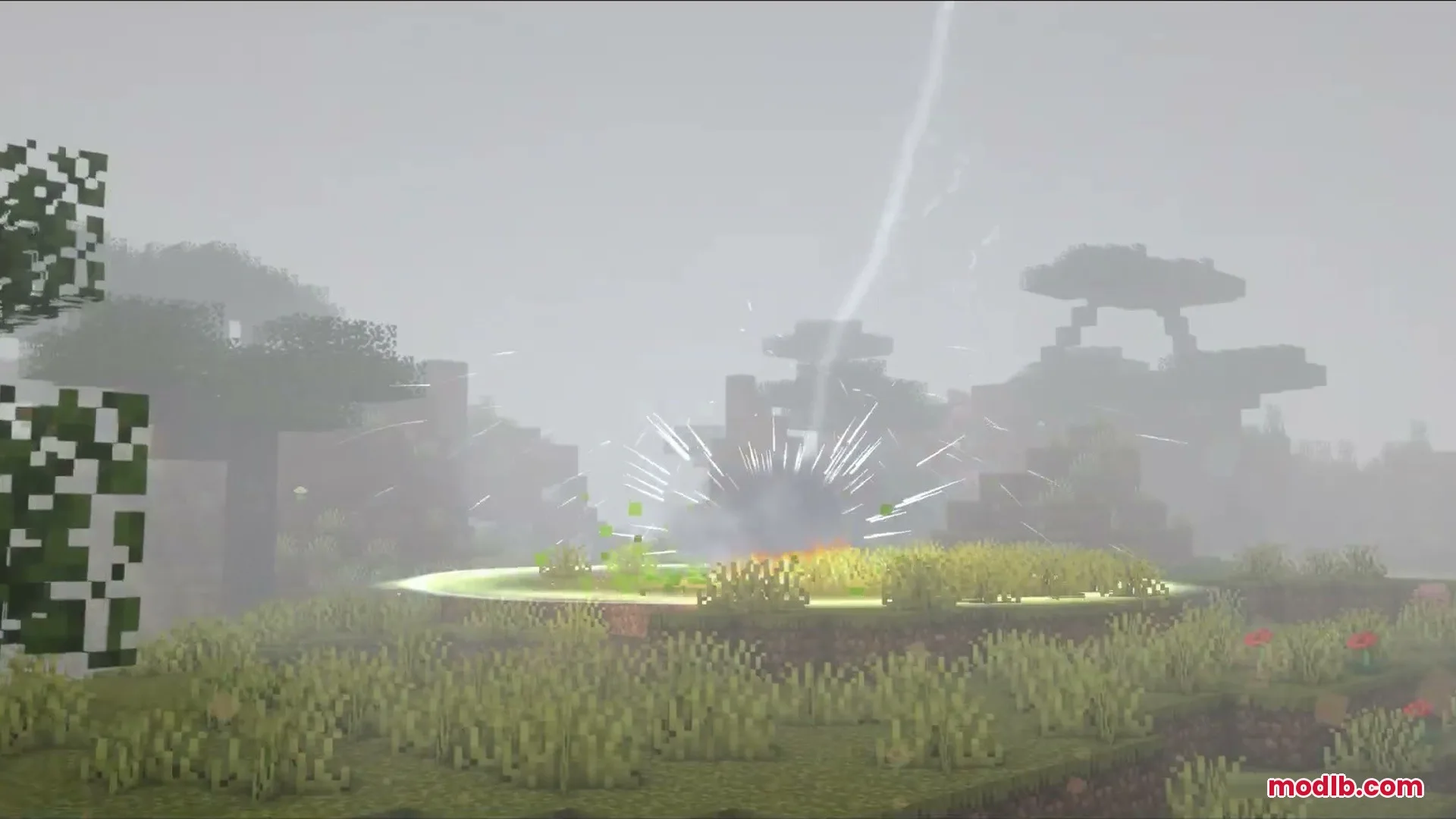 Skybolt Resonance Mod Screenshot 2 Ground impact effects showing sparks and smoke after a powerful lightning strike