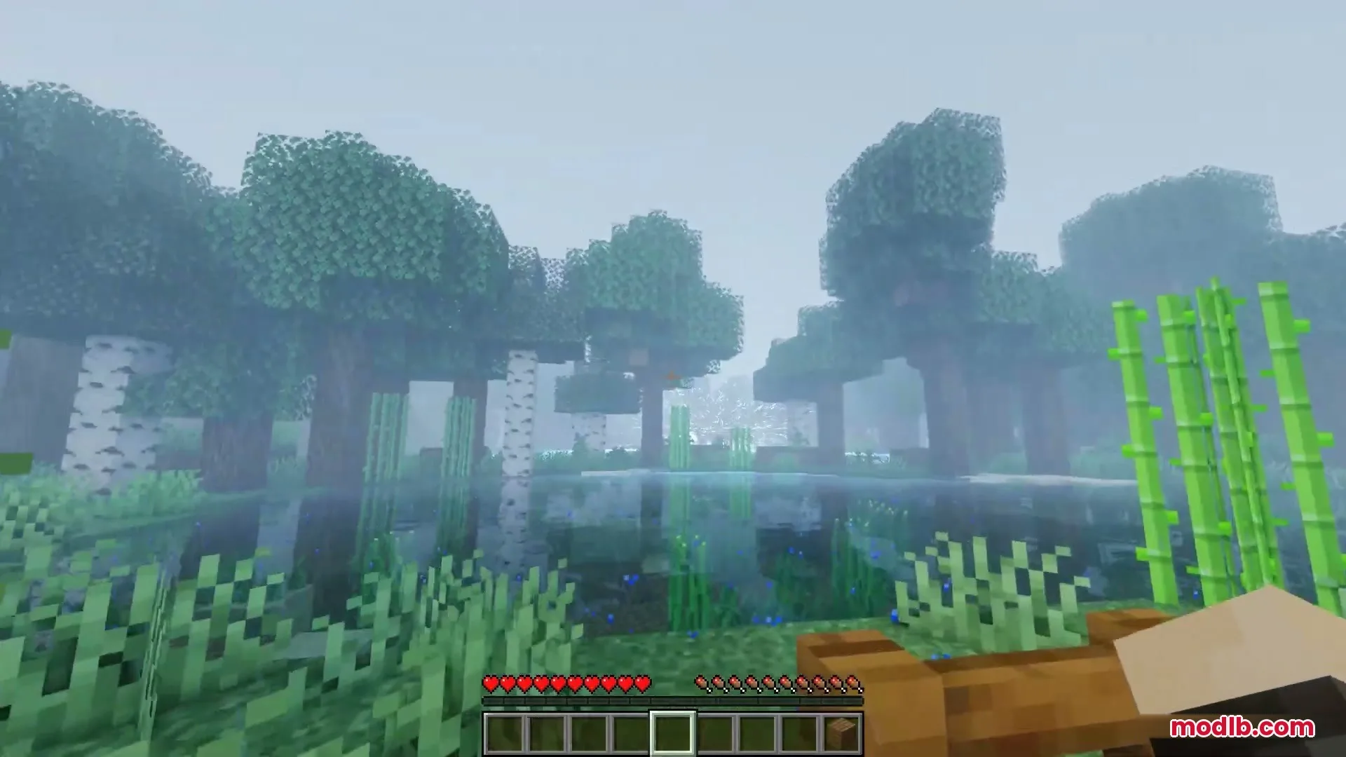 Skybolt Resonance Mod Screenshot 7 A foggy Minecraft landscape featuring a lake surrounded by trees and bamboo