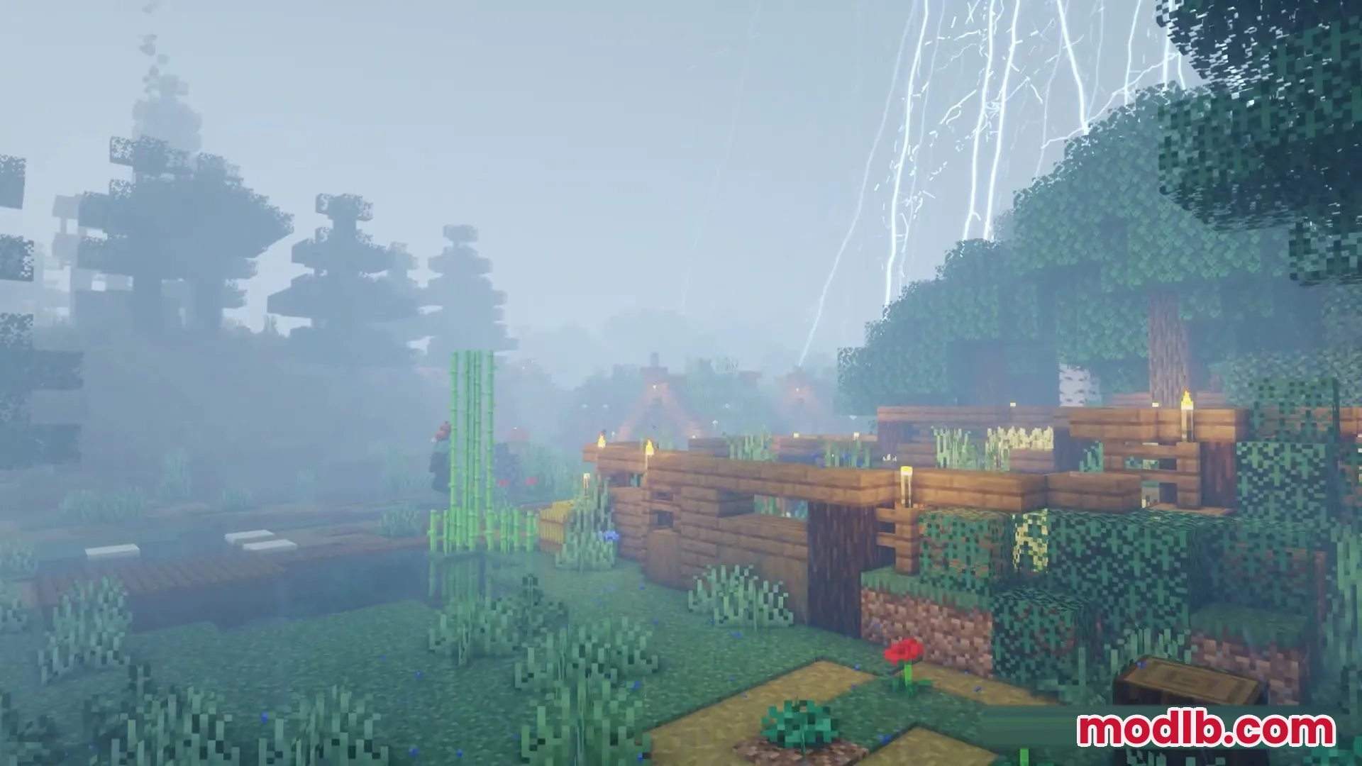 Skybolt Resonance Mod Screenshot 6 Bright lightning forks across a foggy sky above a small Minecraft wooden base