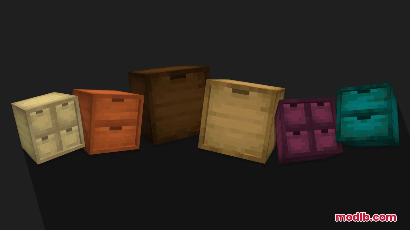 Six wooden storage drawers with different wood types and drawer configurations