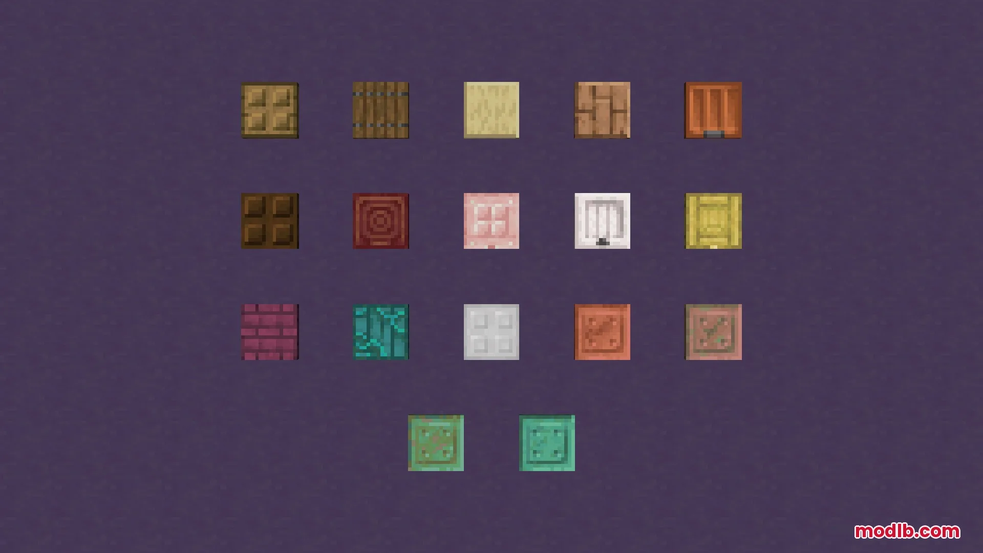 Solid Trapdoors Resource Pack Screenshot 2 A grid display of seventeen different solid trapdoor designs on a purple background