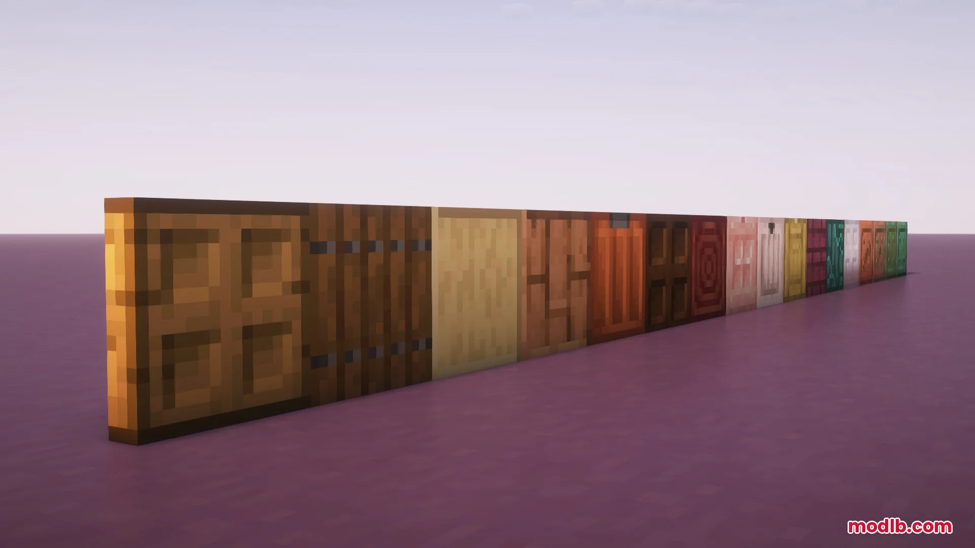 Solid Trapdoors Resource Pack Screenshot 1 A long row of various solid trapdoors standing on a purple floor