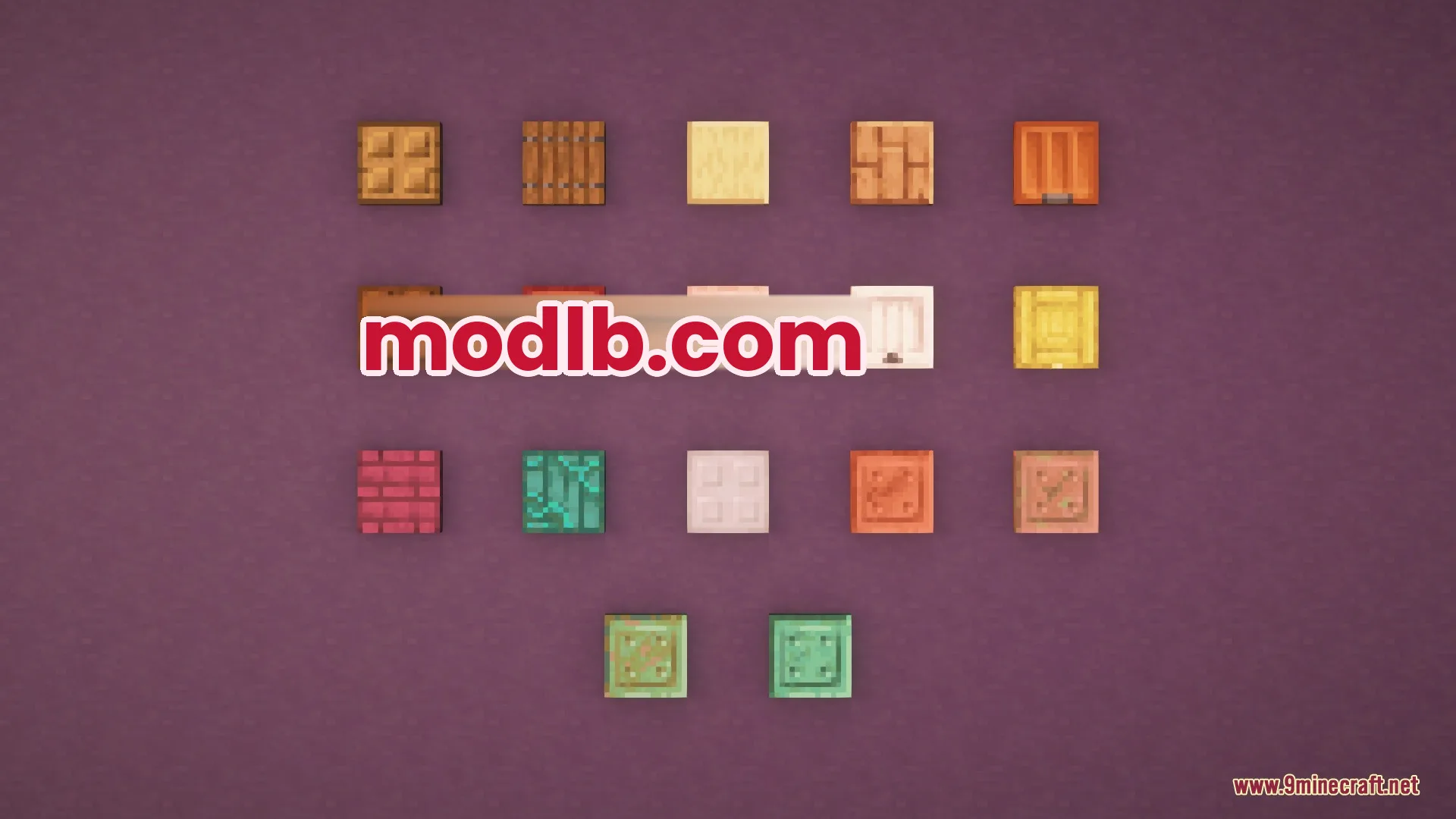 Solid Trapdoors Resource Pack Screenshot 4 A display of solid wood and metal trapdoors on a purple background