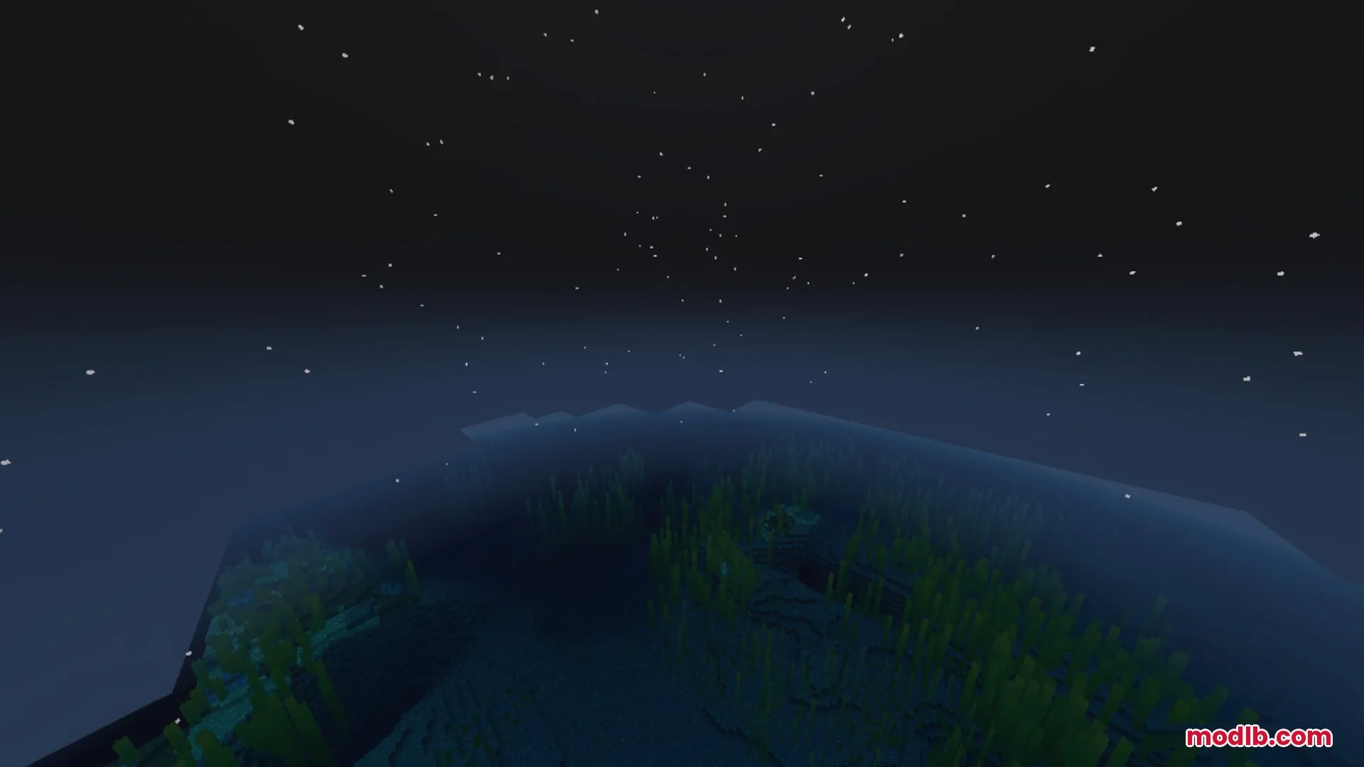 Underwater view of a dark ocean at night with stars visible above