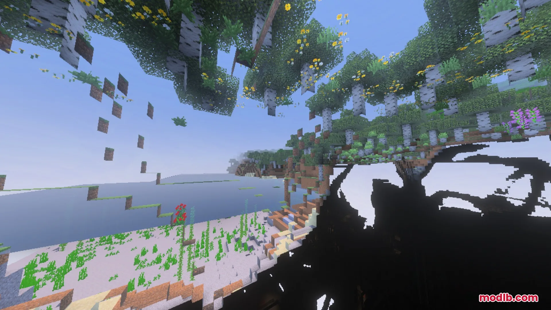 Underground view showing floating birch trees and flowers through the terrain