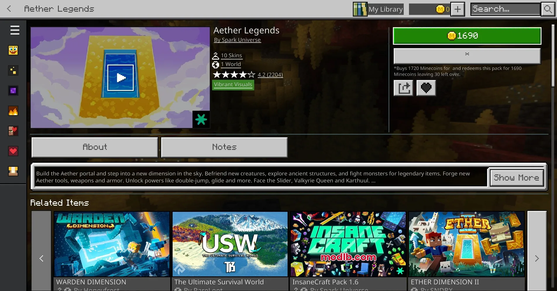 Squid Game - Minecraft Bedrock Edition Map Screenshot 2 The Minecraft Marketplace interface displays information about the Aether Legends world pack