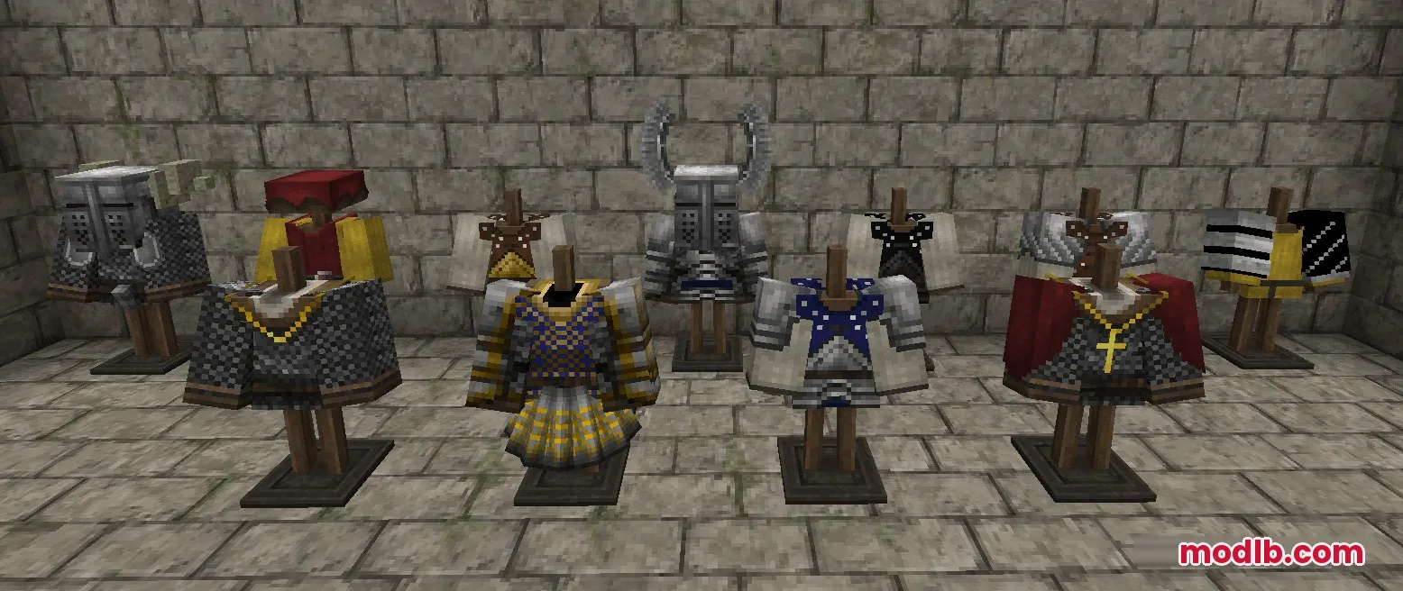 Steel Crown Heritage Resource Pack Screenshot 6 Historical knight armor with unique helmets and tunics on wooden stands