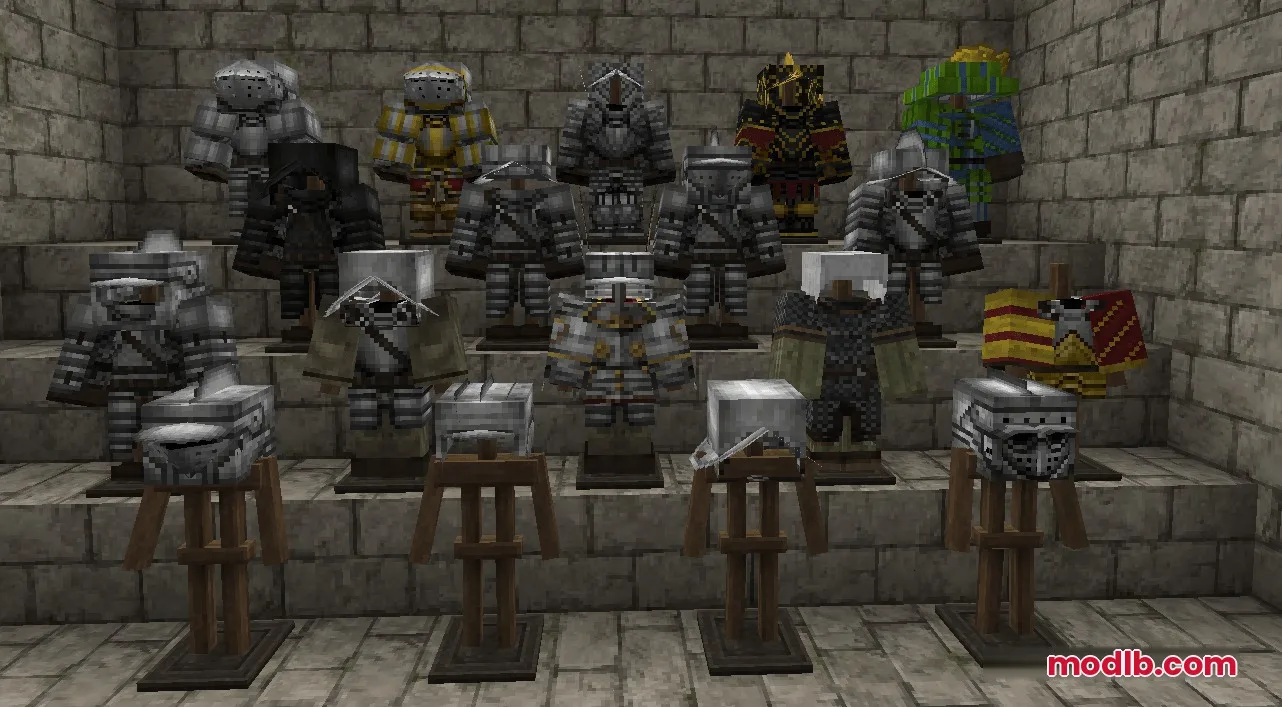 Steel Crown Heritage Resource Pack Screenshot 3 Various medieval plate and chainmail armor sets displayed on wooden stands