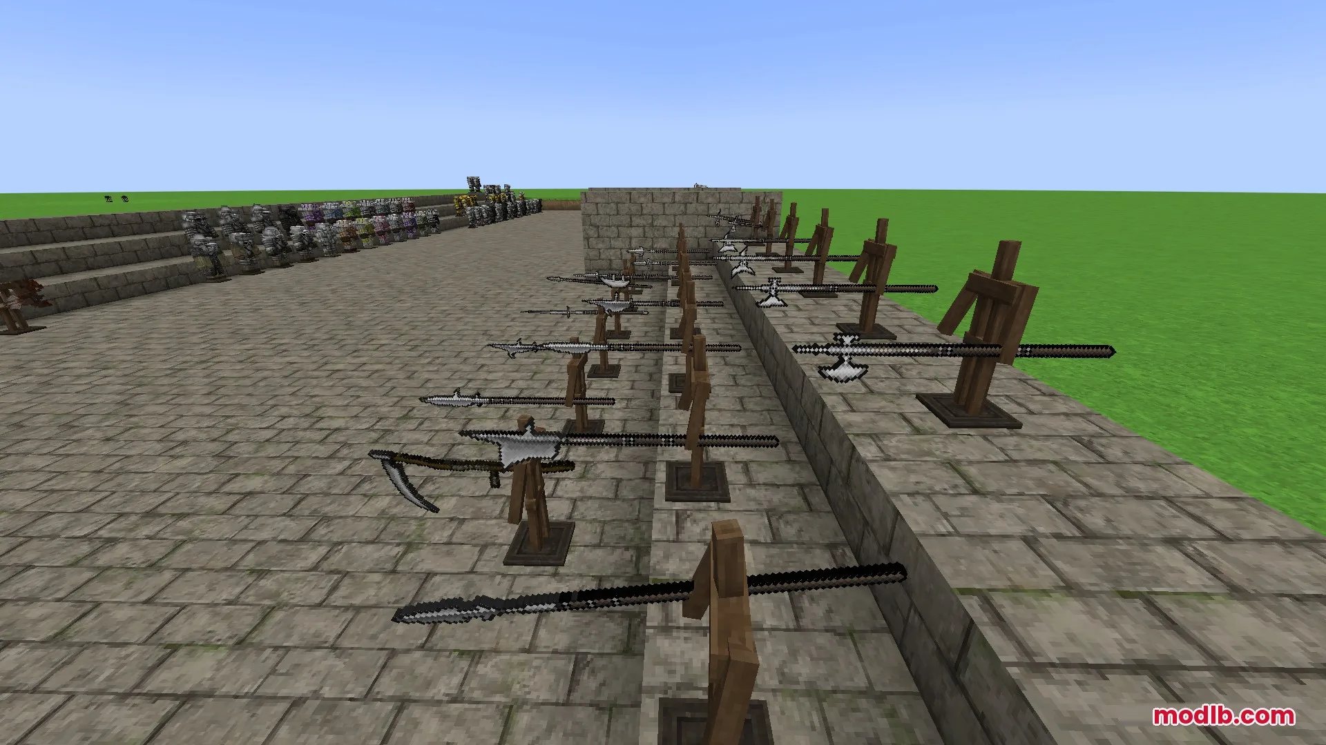 Steel Crown Heritage Resource Pack Screenshot 8 A long row of medieval polearms and spears displayed on wooden stands