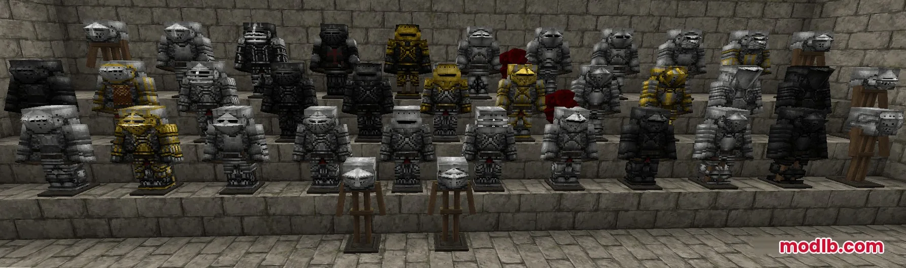 Steel Crown Heritage Resource Pack Screenshot 2 Detailed knightly plate armor sets displayed on stands against a stone wall