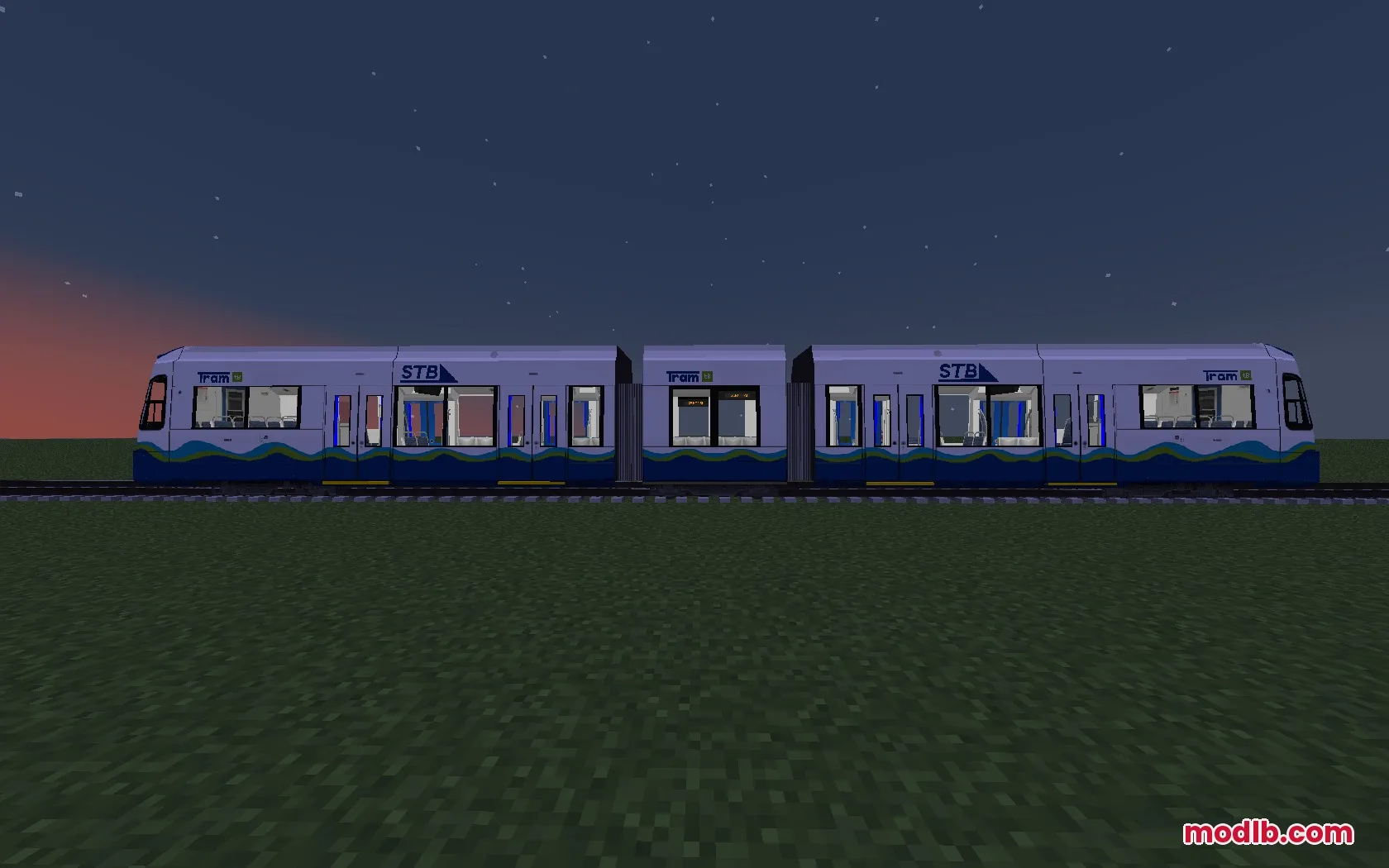 A blue and white STB tram parked on tracks in a Minecraft world
