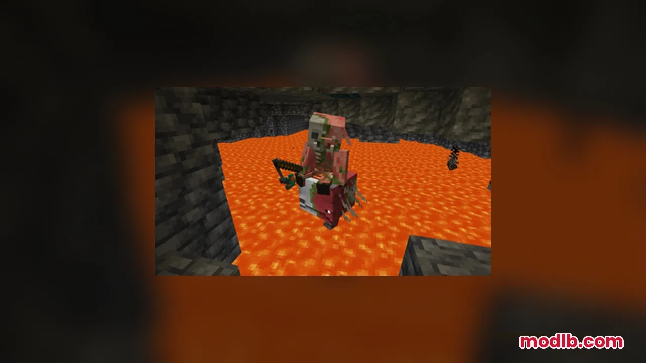 StriderZ Resource Pack Screenshot 6 Zombified piglin riding a decaying strider on a large lake of lava