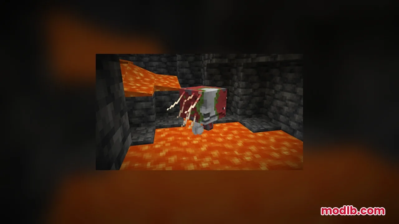 StriderZ Resource Pack Screenshot 3 A zombified strider standing near a lava pool inside a dark cave