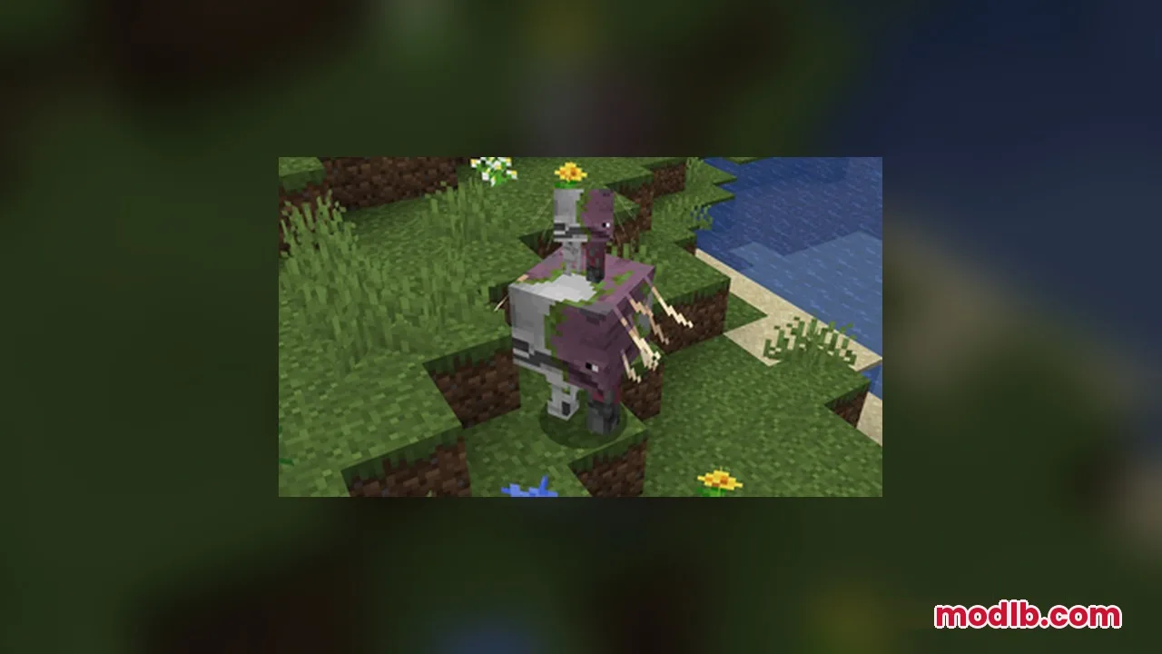 StriderZ Resource Pack Screenshot 4 A zombified strider carrying a baby strider in a grassy Overworld biome