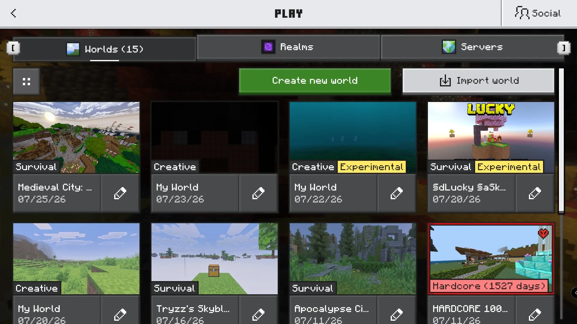 Minecraft world selection menu showing survival and hardcore modes including an apocalypse map