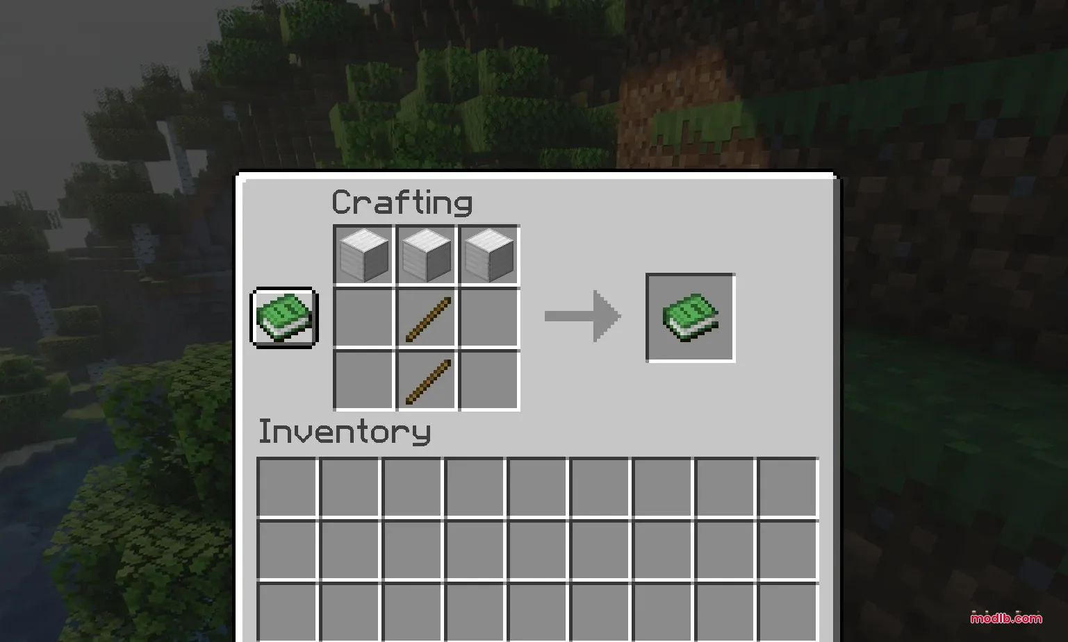 Tectonic Widebore Data Pack Screenshot 4 Crafting recipe for a guide book using iron blocks and wooden sticks