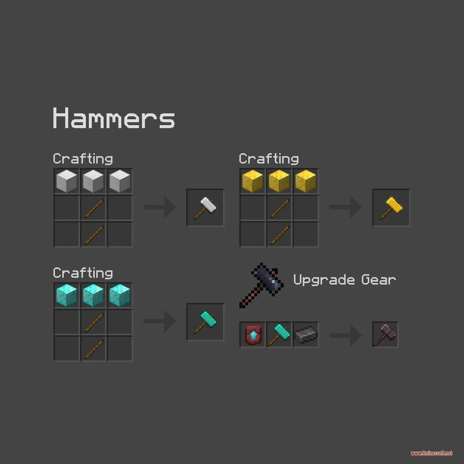 Tectonic Widebore Data Pack Screenshot 6 Crafting recipes for Tectonic Widebore hammers including iron gold diamond and netherite tiers