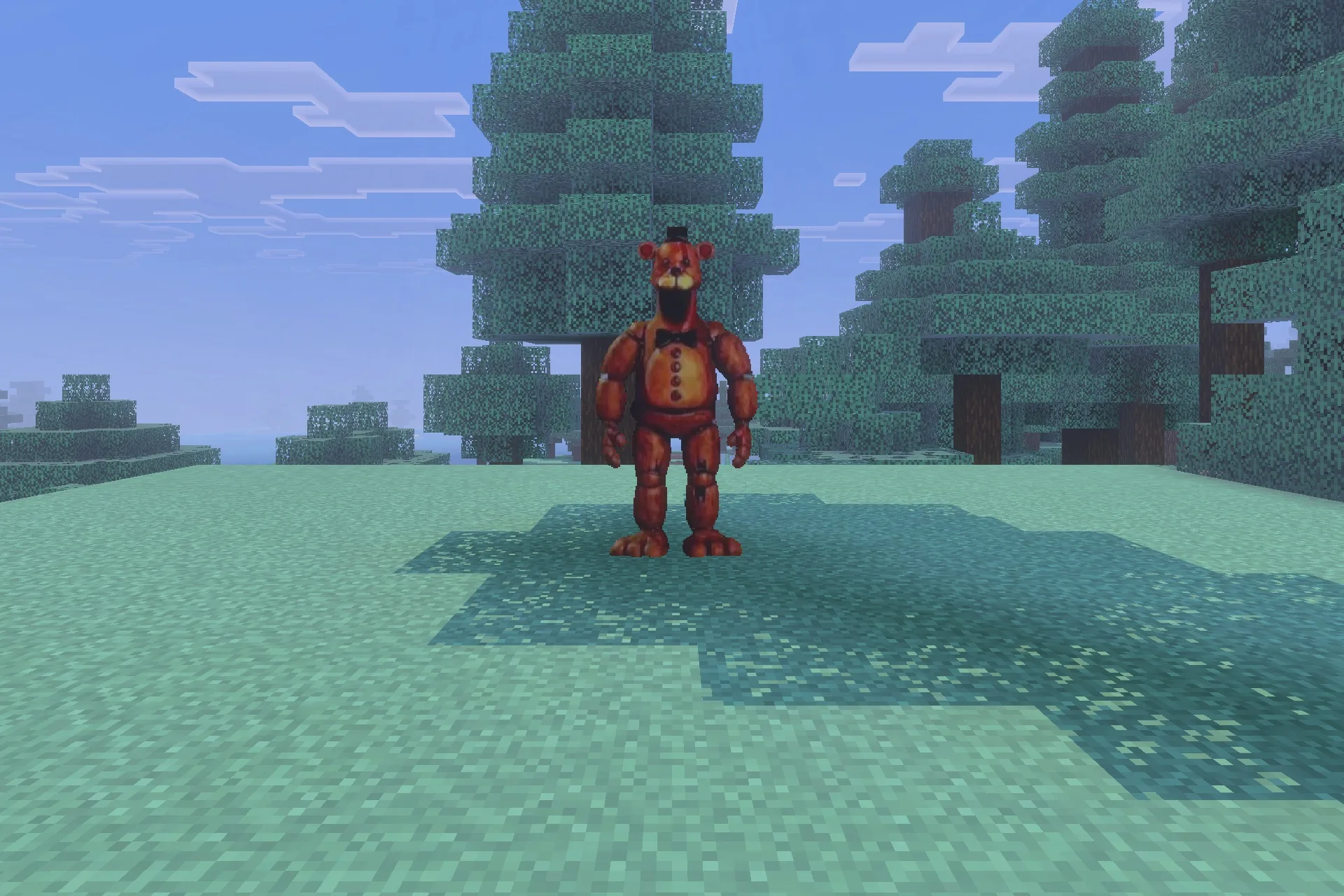 Terrifying Freddy Addon Screenshot 4 A scary Freddy Fazbear entity hunts players in the spruce forest