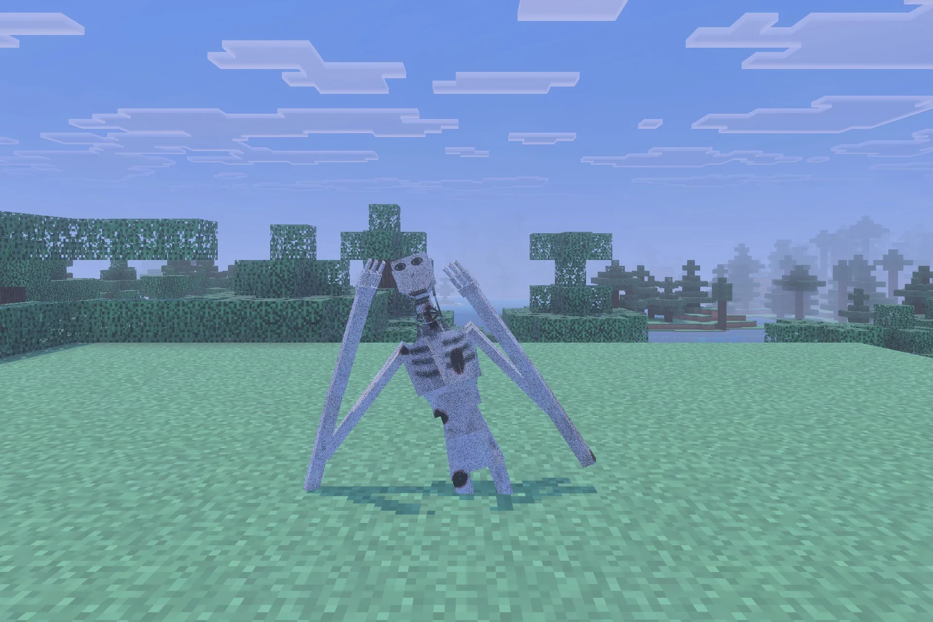 Creepy grey stalker entity crawling on the grass in a Minecraft world