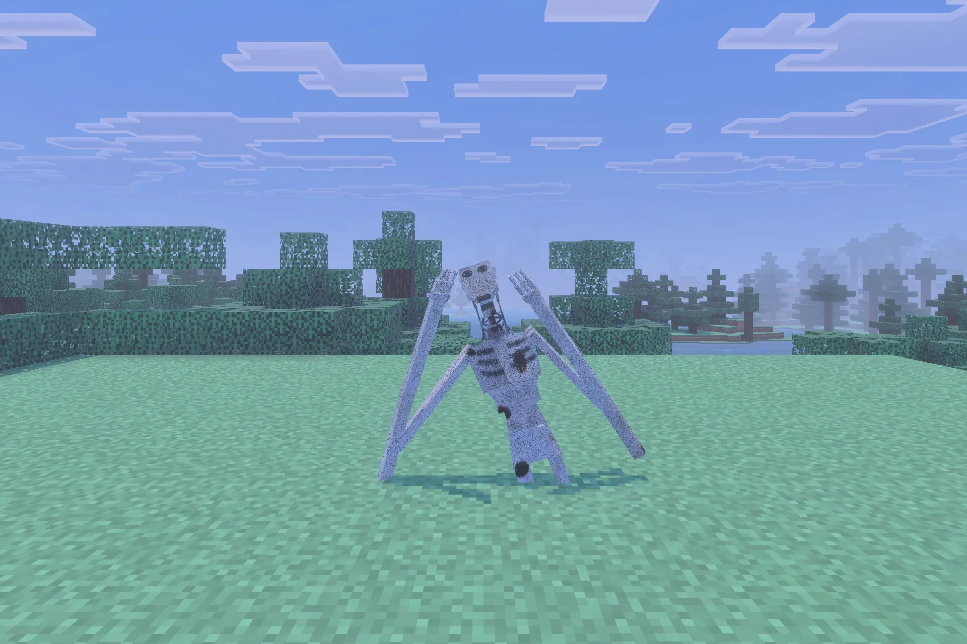 A tall grey stalker entity with long limbs stands in an open field