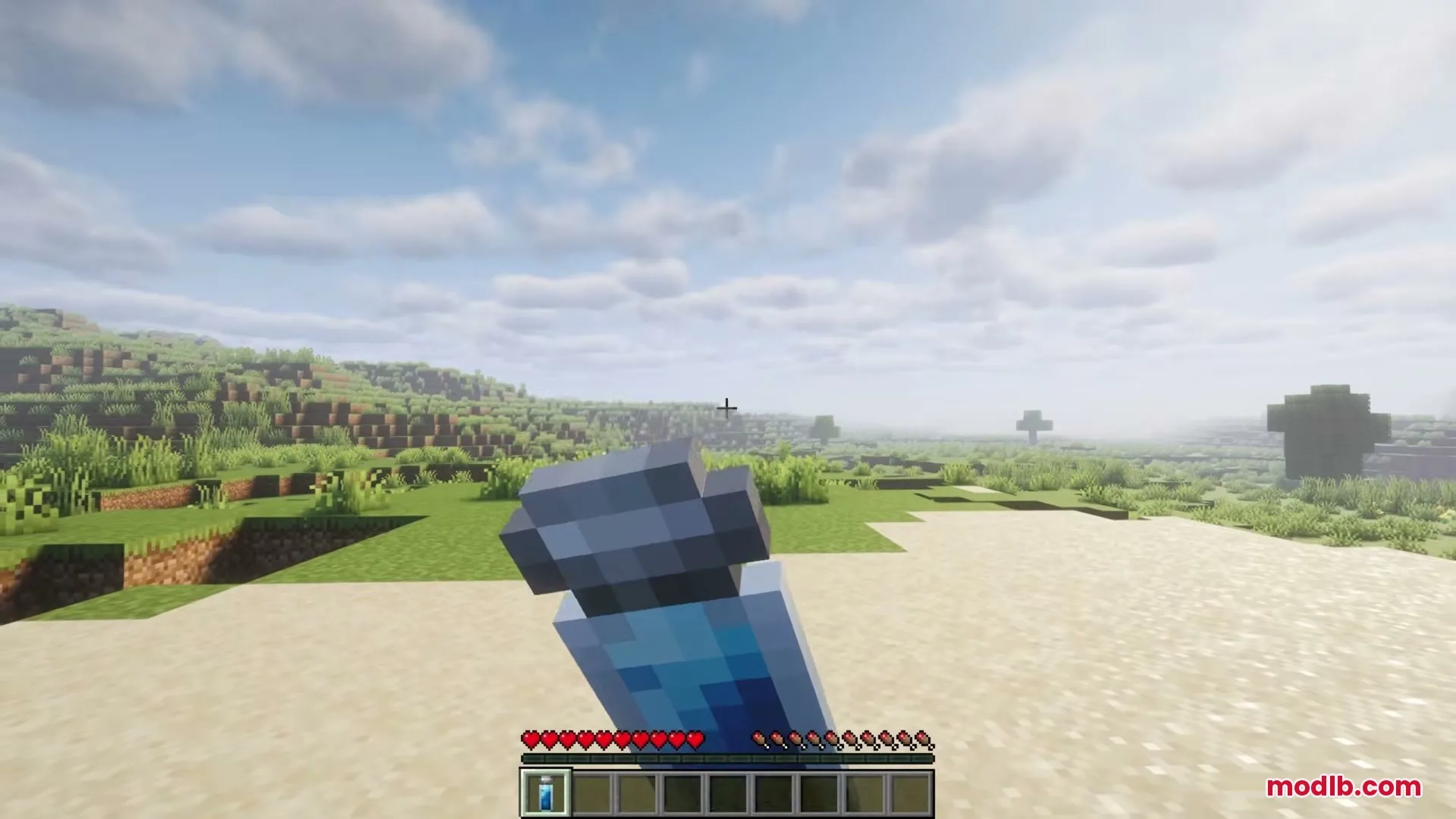 Player holding a blue superpower serum bottle in first person view