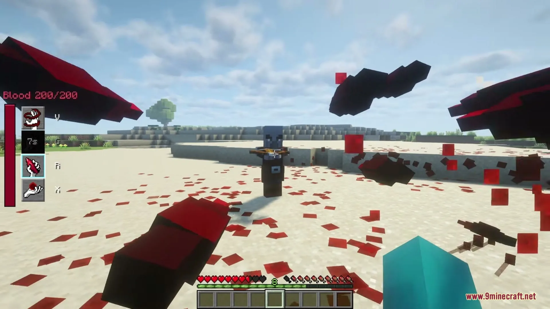 Player launches massive blood attacks at a pillager in a desert biome