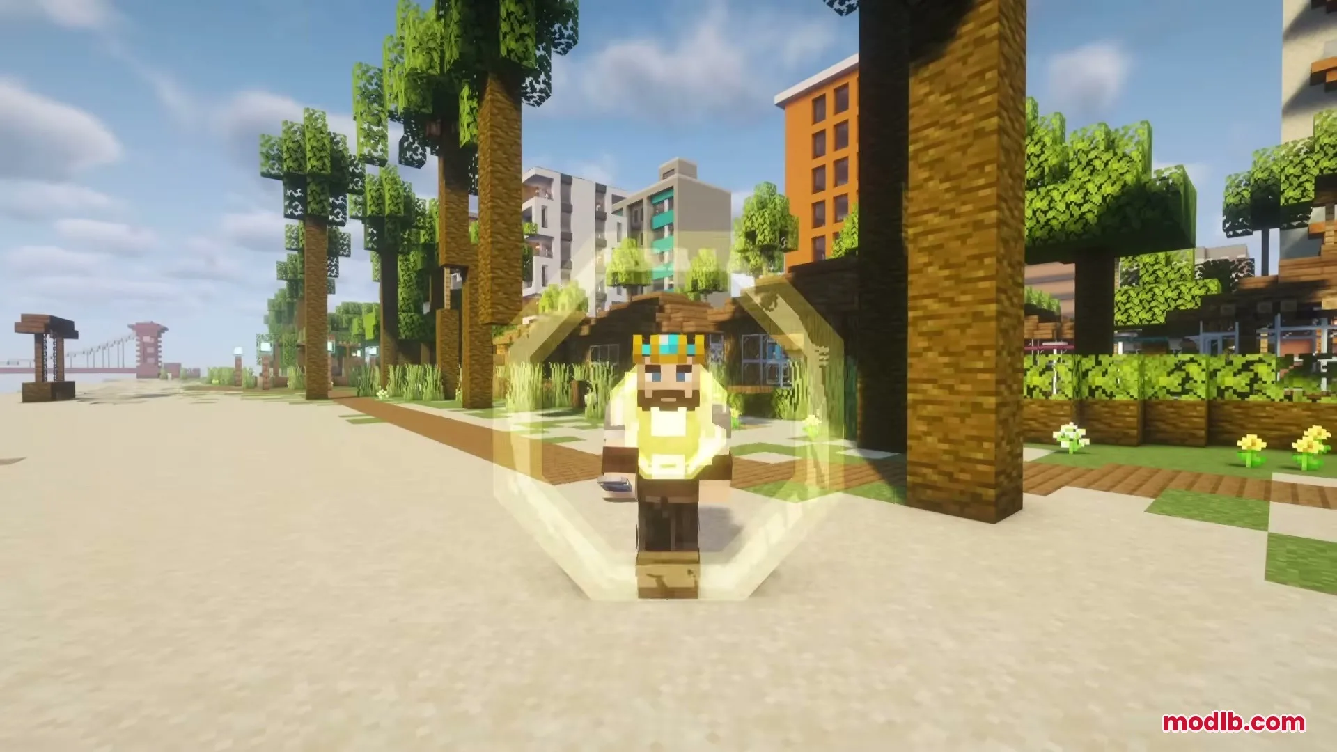 Minecraft character activating a golden circular energy shield on a beach