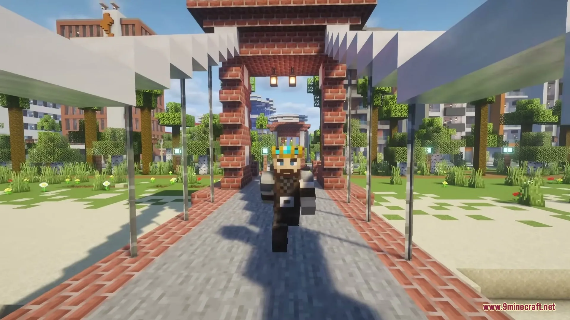Crowned Minecraft character walking through a brick archway on a sunny path