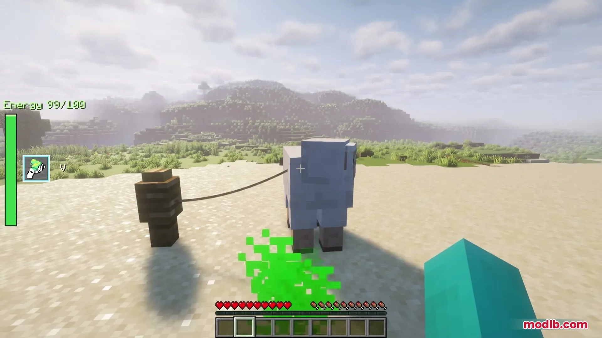 Sheep tied to a post with green energy particles on the ground