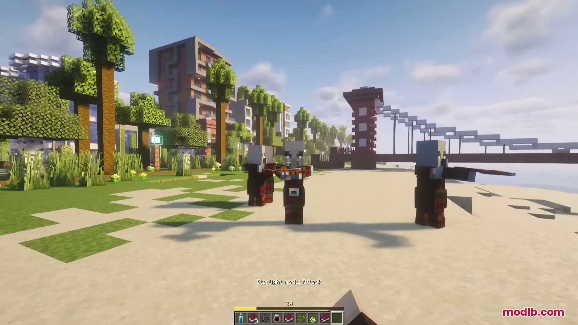 Three pillagers with crossbows stand on a beach near a city