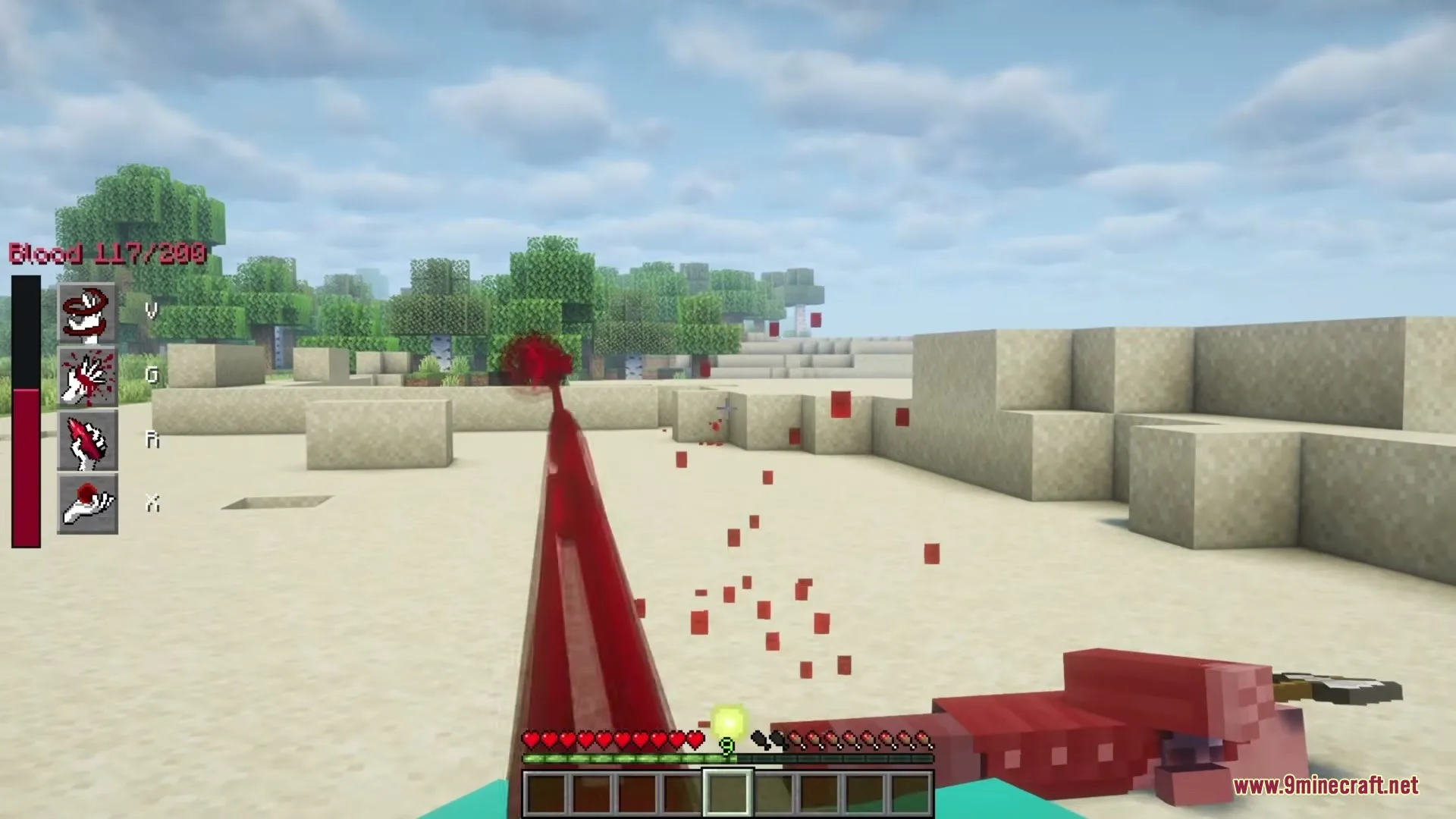 Player using blood manipulation powers in a desert first person view