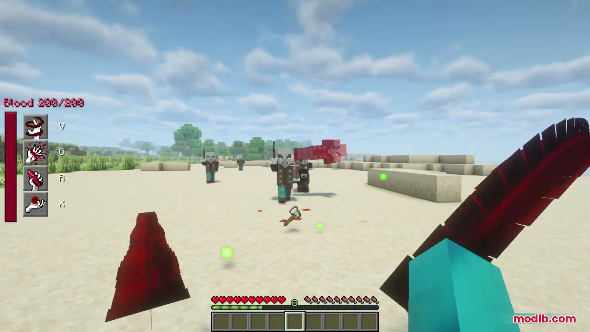Player uses blood manipulation powers to attack hostile mobs in a desert