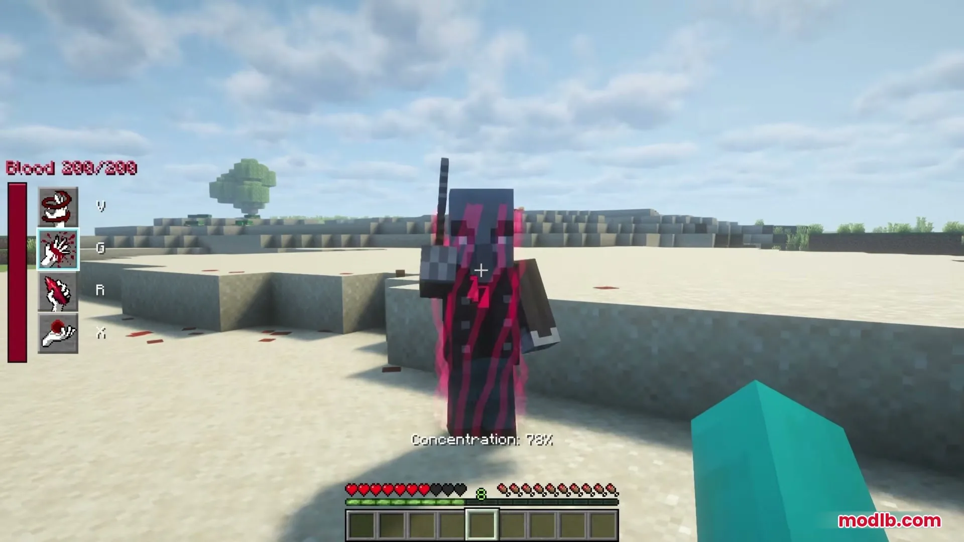 Player targets an enemy mob with the blood manipulation concentration meter visible