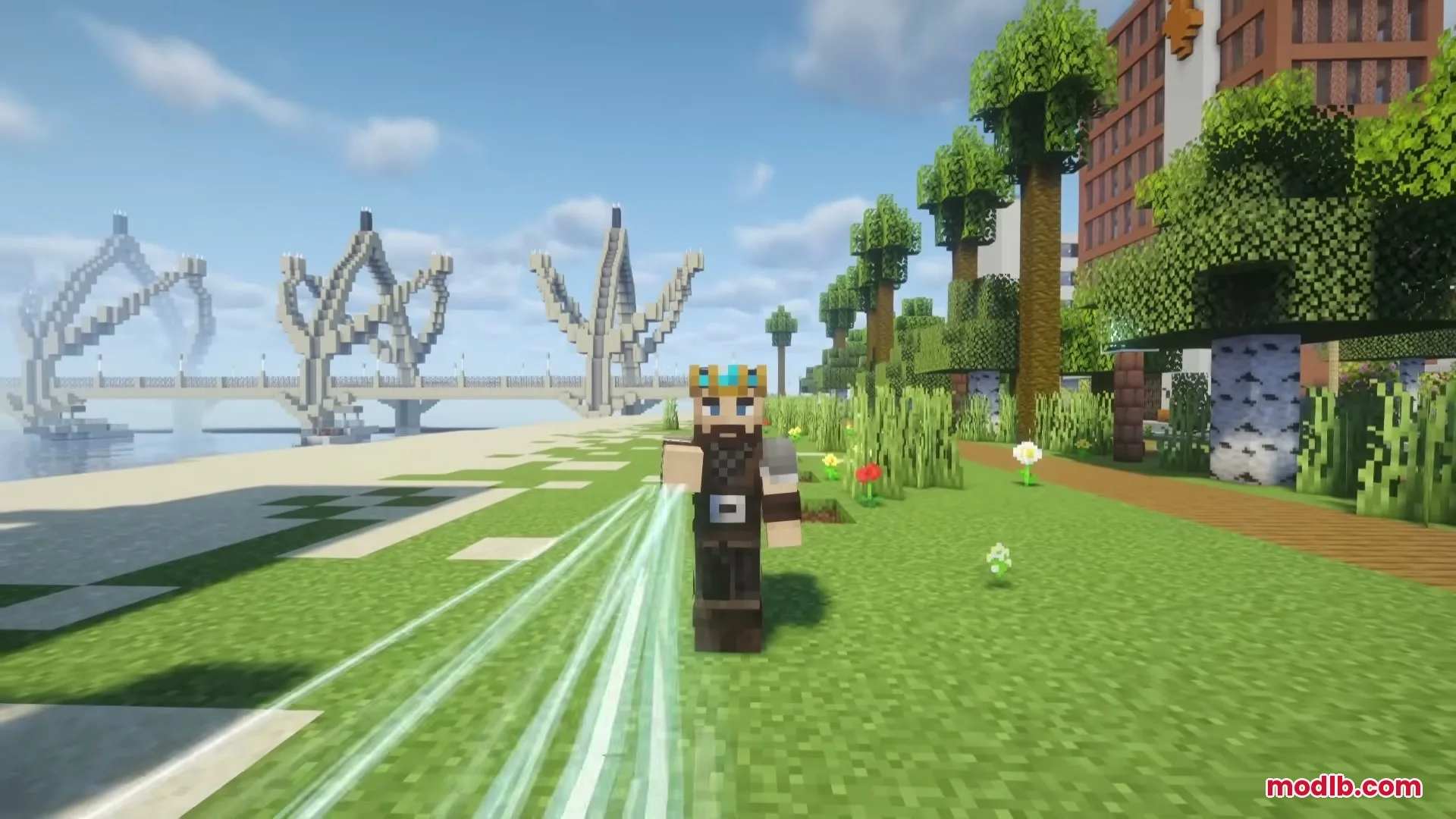 Minecraft character with a crown releasing blue energy streaks in a park