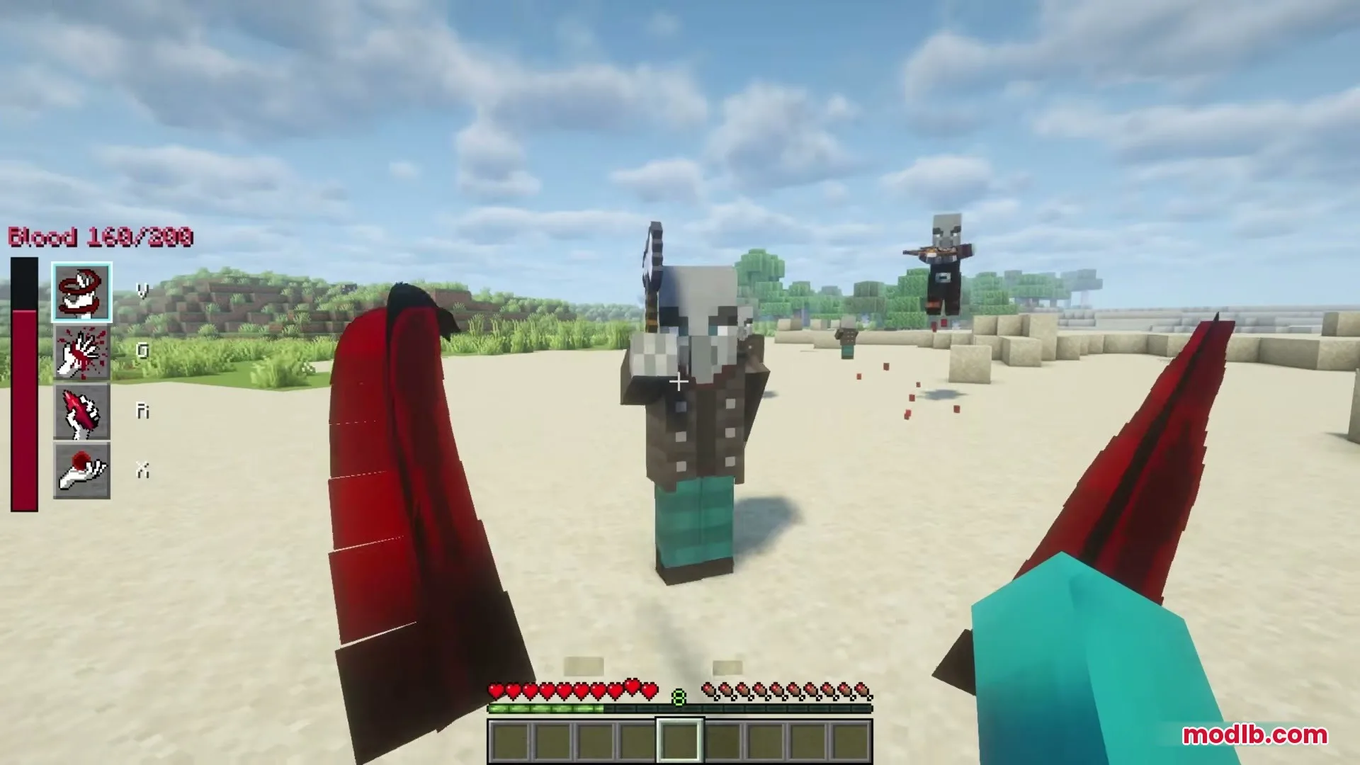 Player using blood manipulation powers to fight a Vindicator in the desert