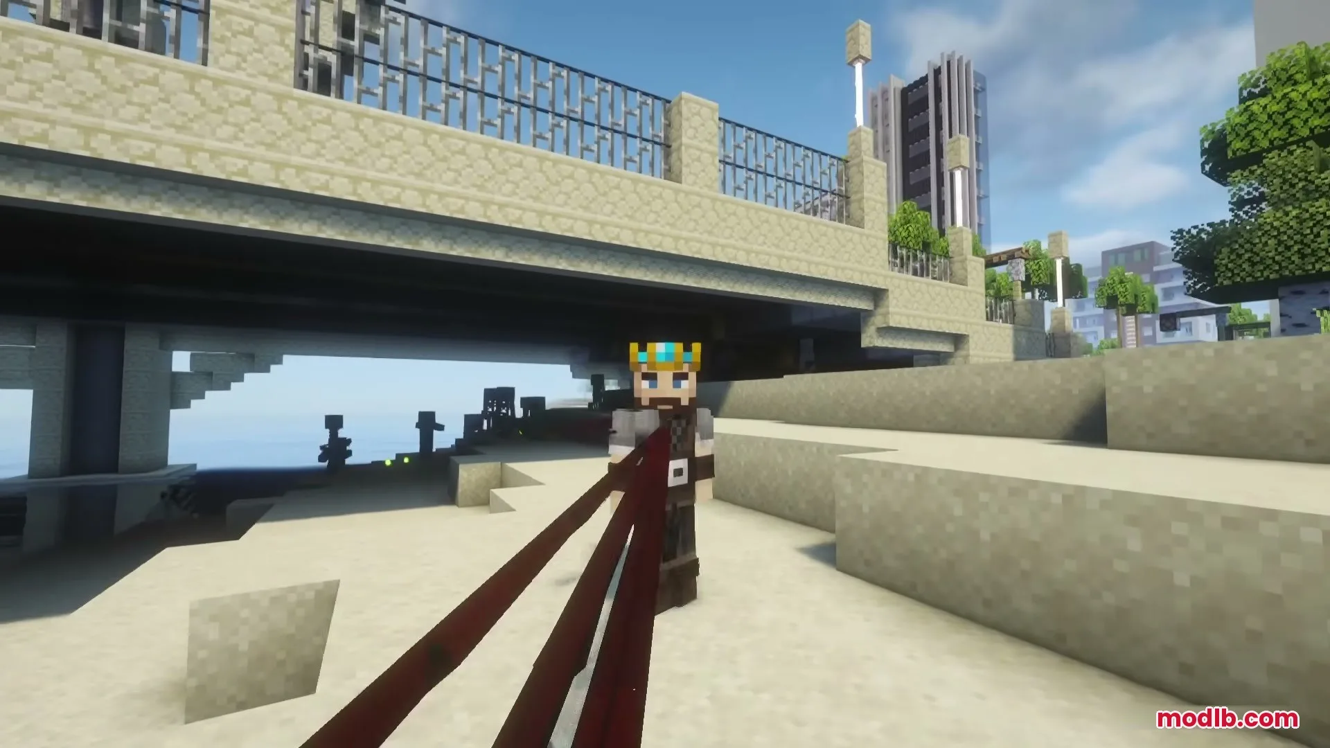 Crowned Minecraft character fires red laser beams from eyes under a bridge