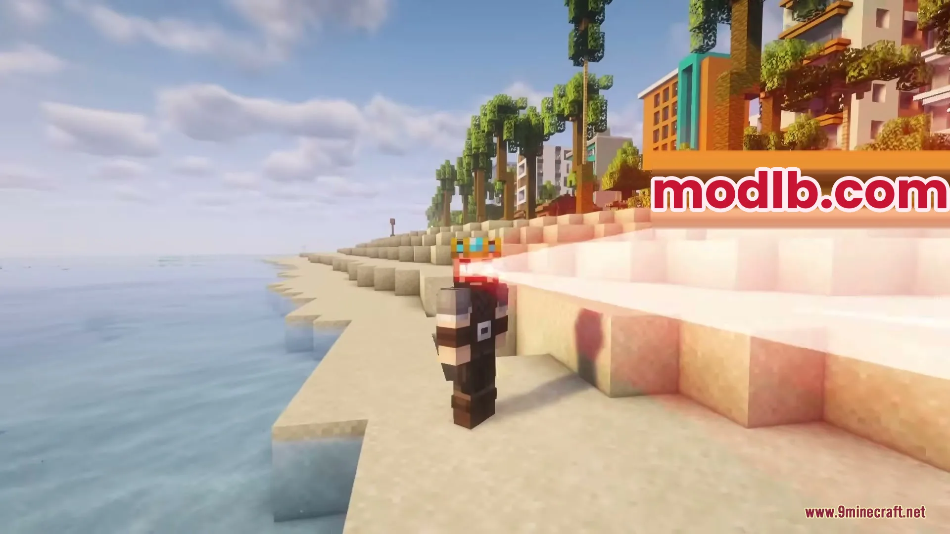 Minecraft character shoots red laser beams from eyes on a sandy beach