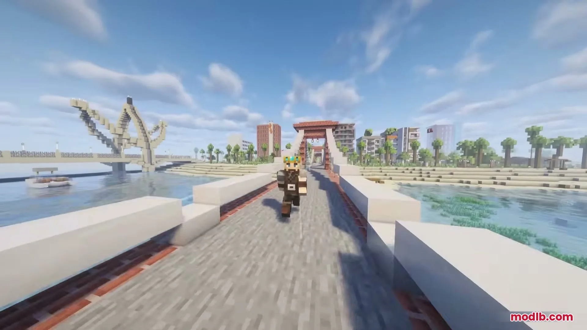 Crowned player running across a stone bridge toward a modern city skyline