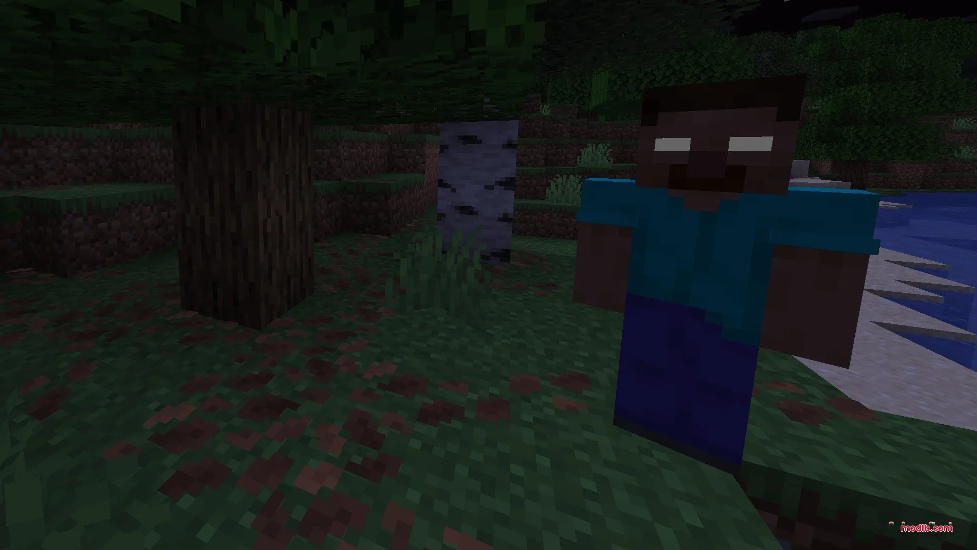 The Classic Error Data Pack Screenshot 5 Herobrine with glowing white eyes watches from the shadows of a dark forest