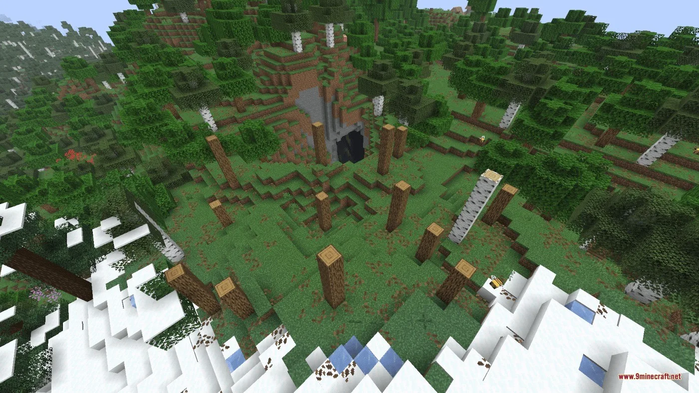 The Classic Error Data Pack Screenshot 4 Strange leafless tree trunks standing in a clearing near a dark cave