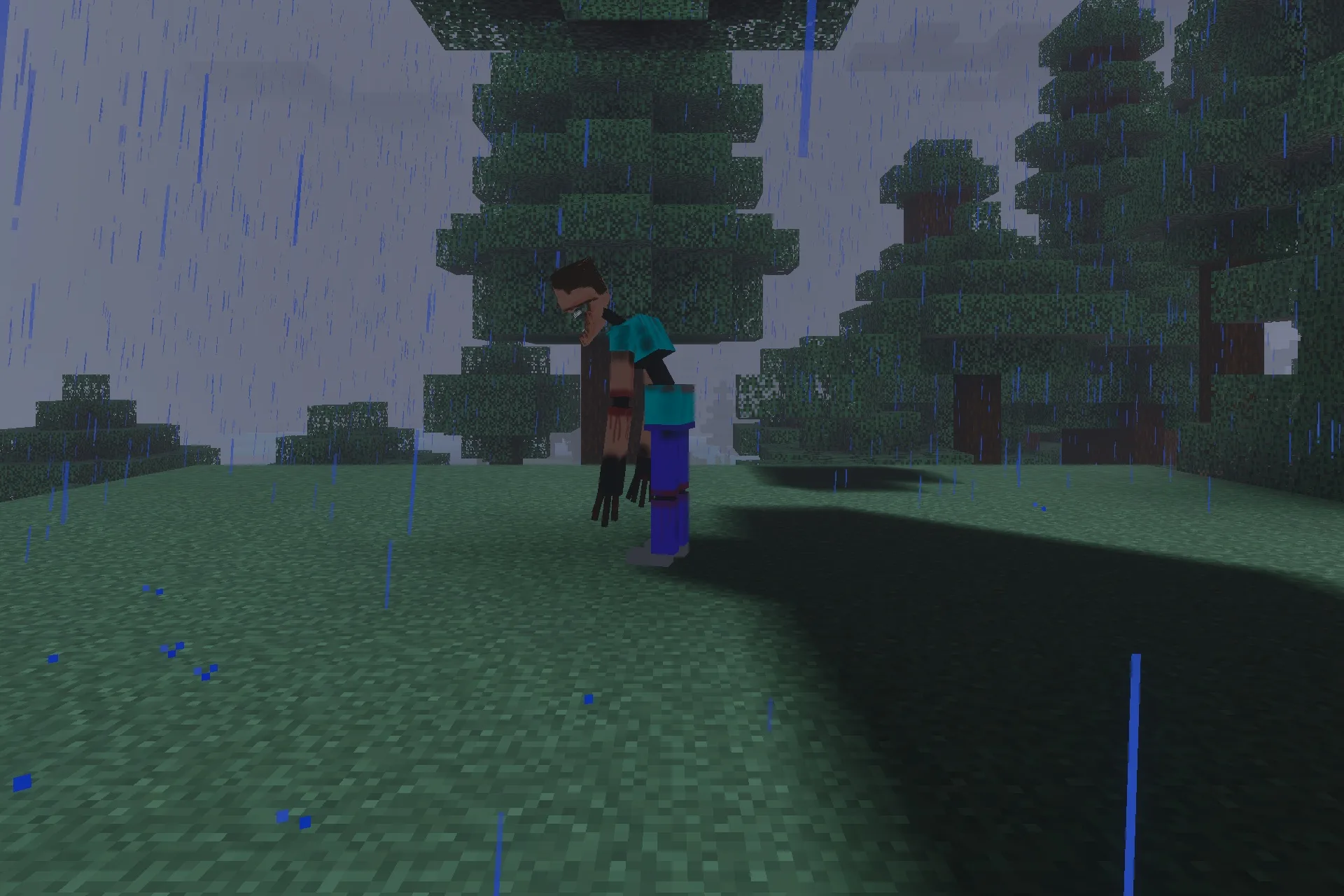 The Mimicer Patch FR Addon Screenshot 3 A distorted Steve creature with elongated limbs stands in a rainy forest