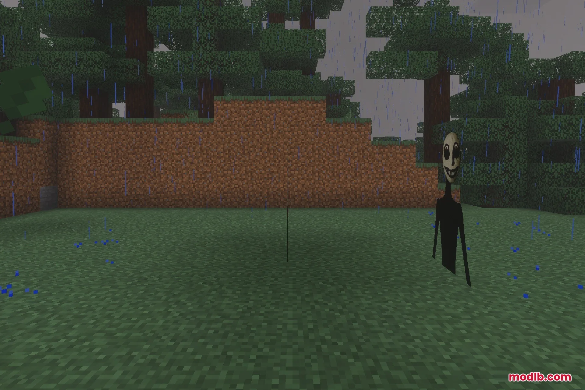 The Twixxel's Stalkers MCBE With Advanced AI Addon Screenshot 4 A tall dark stalker entity with a creepy face standing in the rain